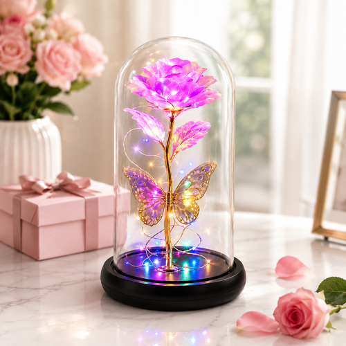 Forever Rose LED Glass Dome with Butterfly – Romantic Gift for Her